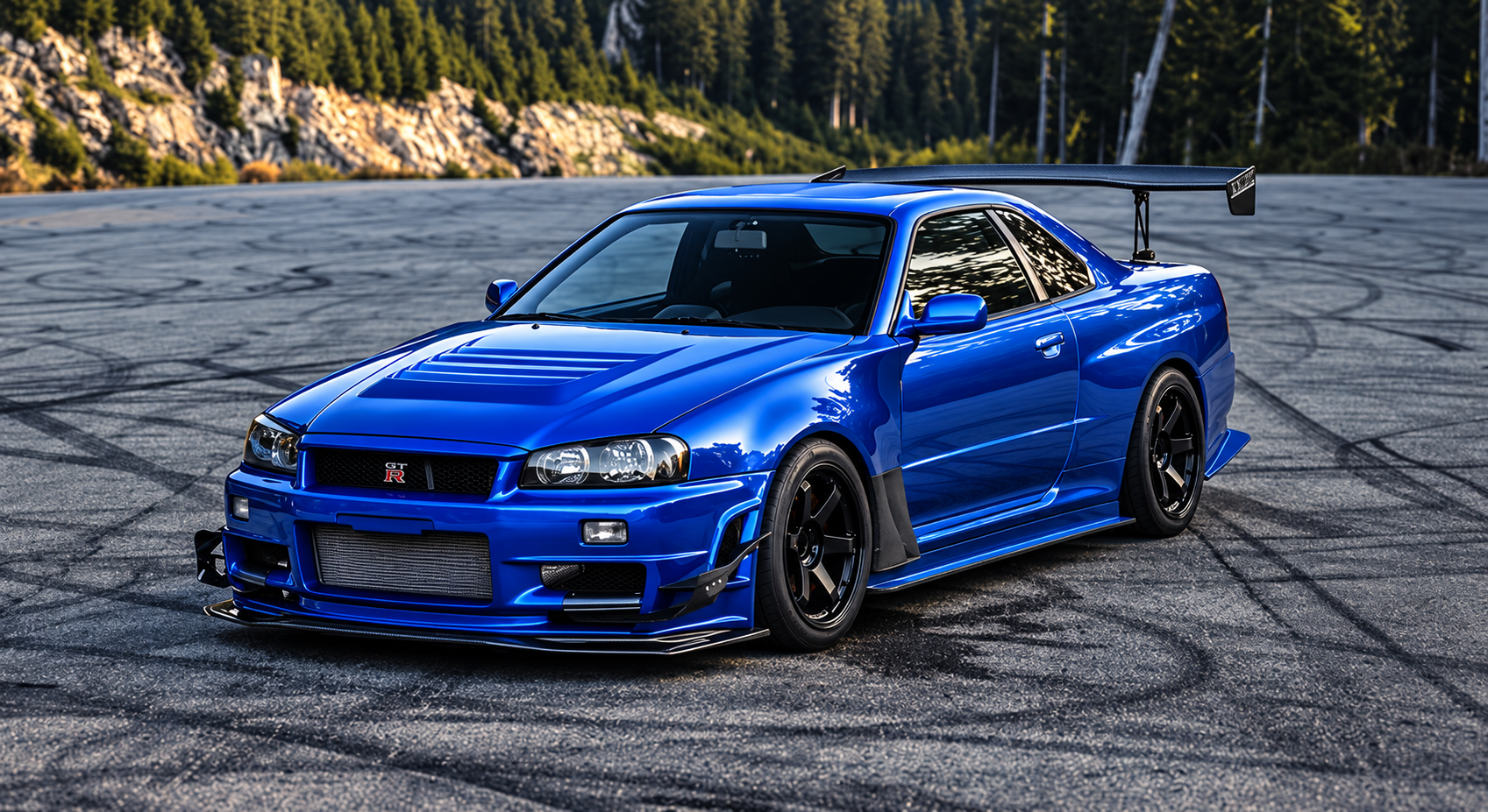 Blue Nissan Skyline R34 GT-R drift car on a paved track