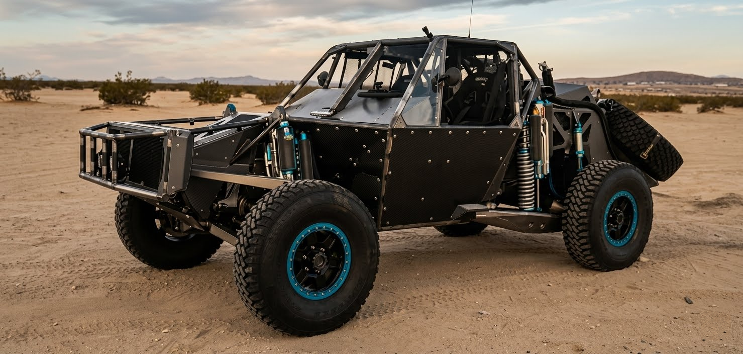 Black off-road trophy truck with blue wheel accents parked in desert landscape